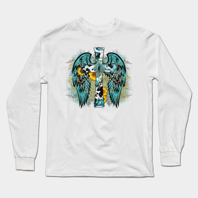 Turquoise Cross With Wings and Blue and Gold Background Long Sleeve T-Shirt by ERArts